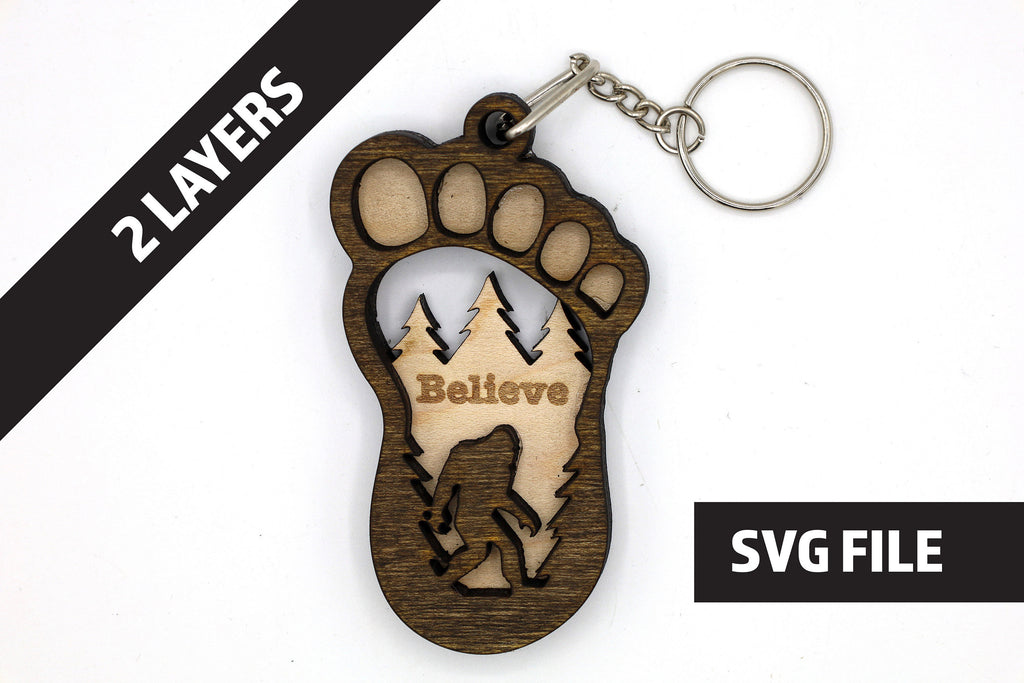 2 Layer Bigfoot Footprint Keychain SVG | Layered Sasquatch Laser Cut File | Wooden Keychain Template | Glowforge & LightBurn