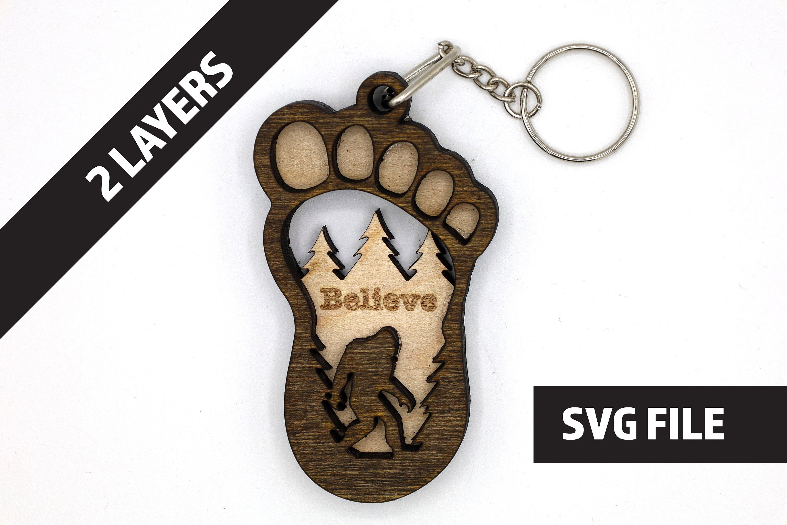 2 Layer Bigfoot Footprint Keychain SVG | Layered Sasquatch Laser Cut File | Wooden Keychain Template | Glowforge & LightBurn