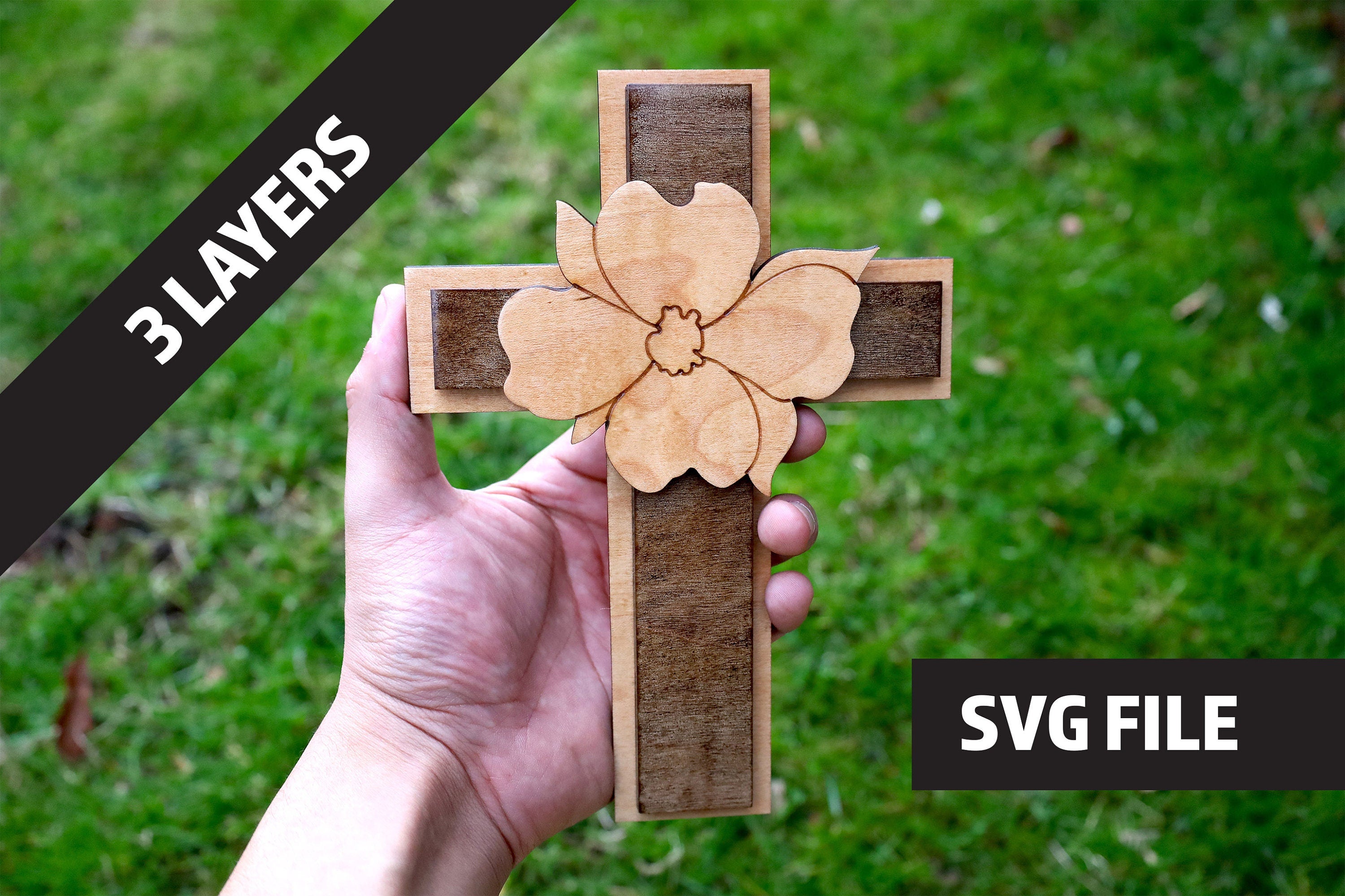 Decorative 3 Layer Wooden SVG File with Cross and Flower Design DIY