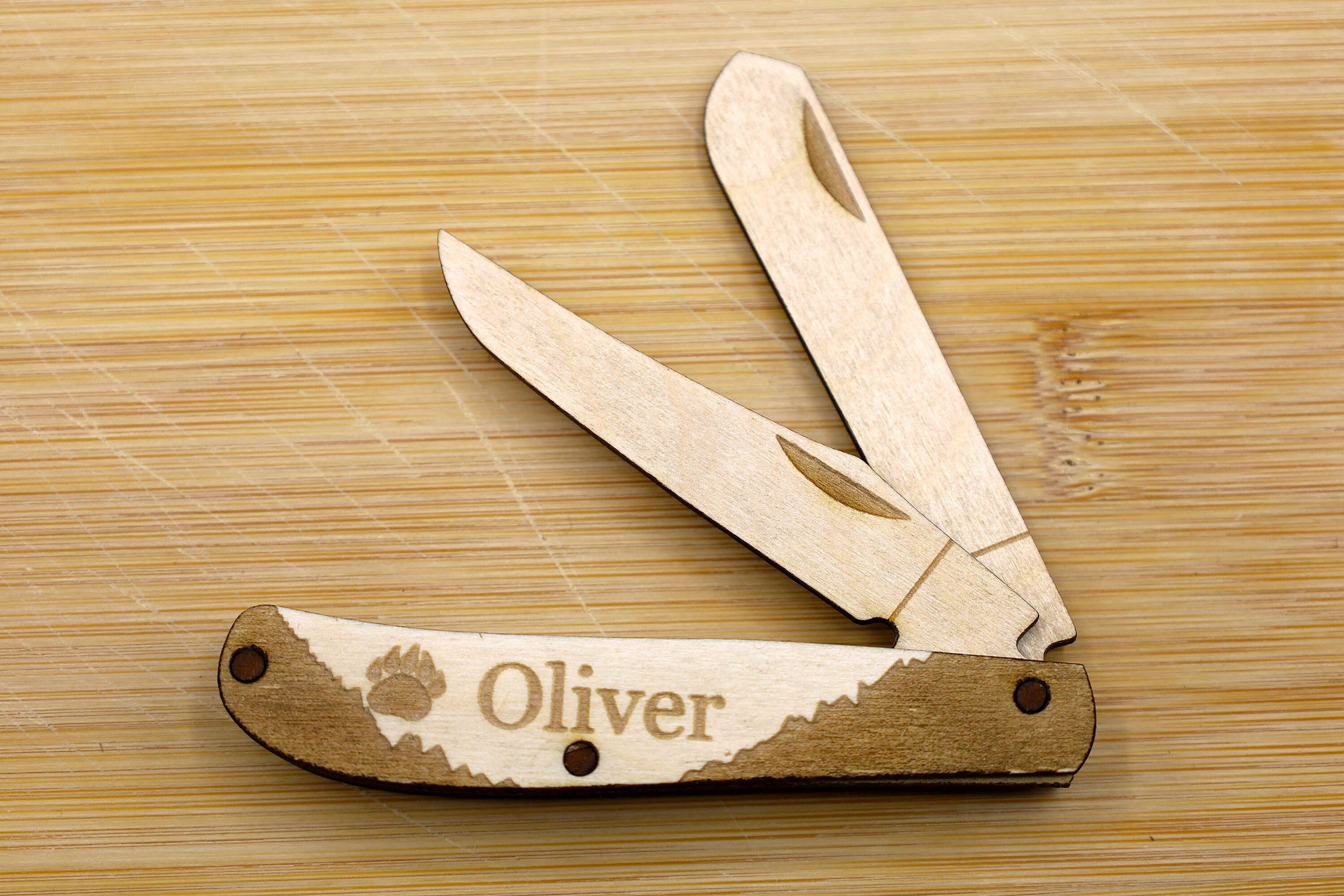 Customizable Two Blade Wooden Pocket Knife SVG | Folding Knife Laser Cut Template | Glowforge & LightBurn File