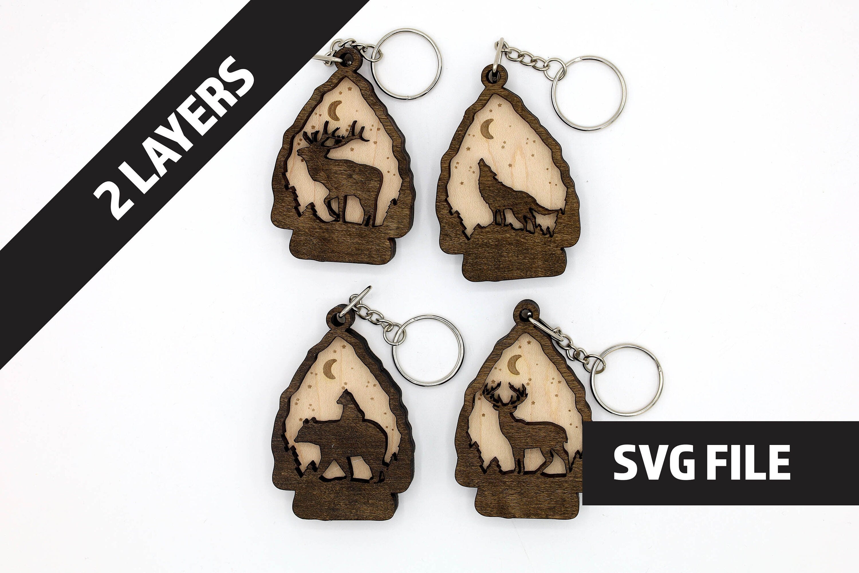 2 Layer Bear, Dear, Elk, Wolf Keychain/Ornament craft SVG, DXF File Instant Download