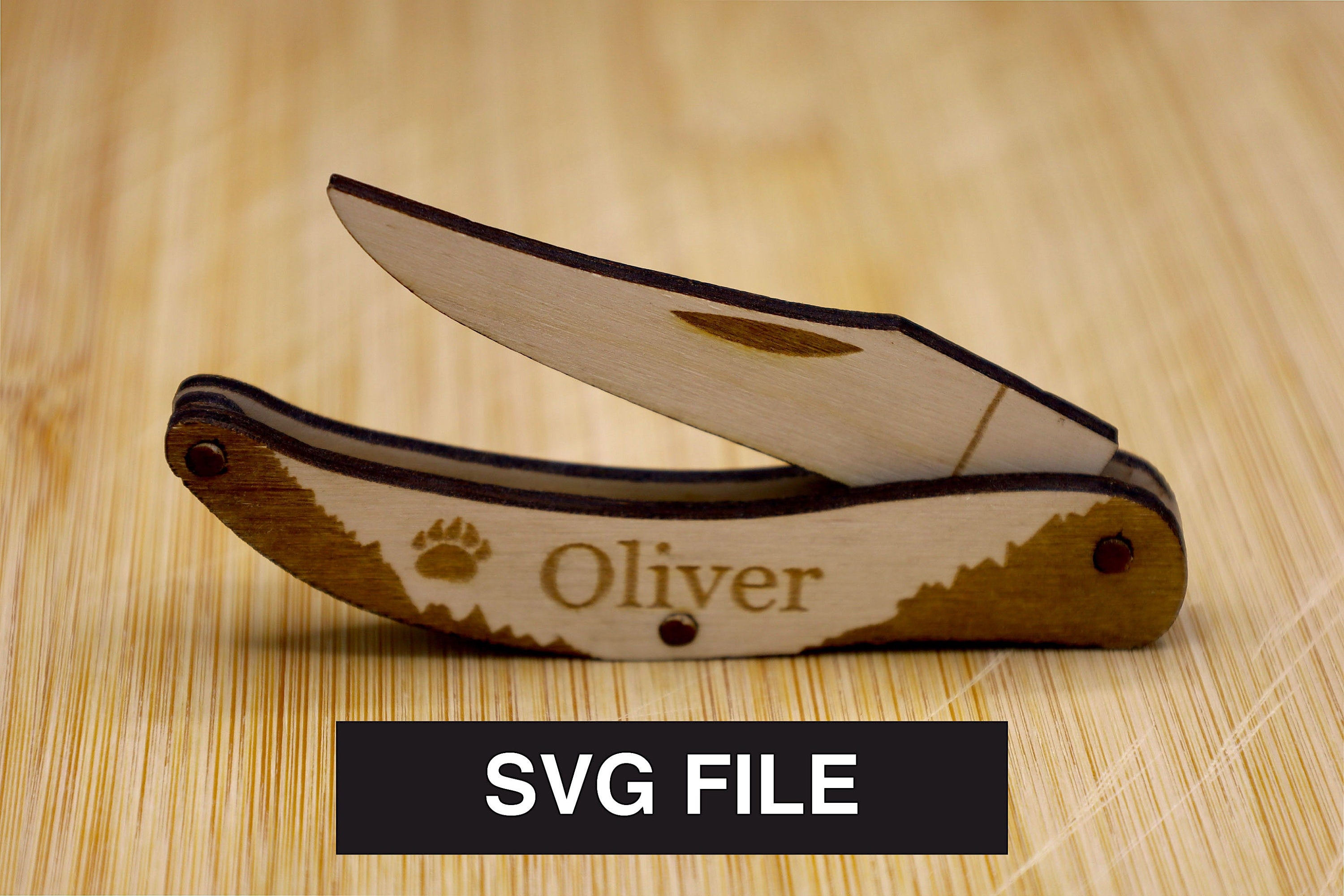 Customizable Wooden Folding Pocket Knife SVG | Laser Cut Knife Template | CNC Laser, Glowforge & LightBurn File