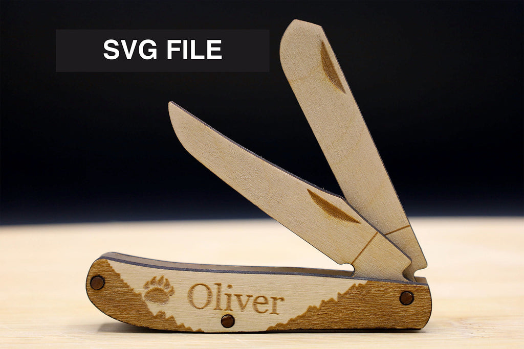 Customizable Two Blade Wooden Pocket Knife SVG | Folding Knife Laser Cut Template | Glowforge & LightBurn File