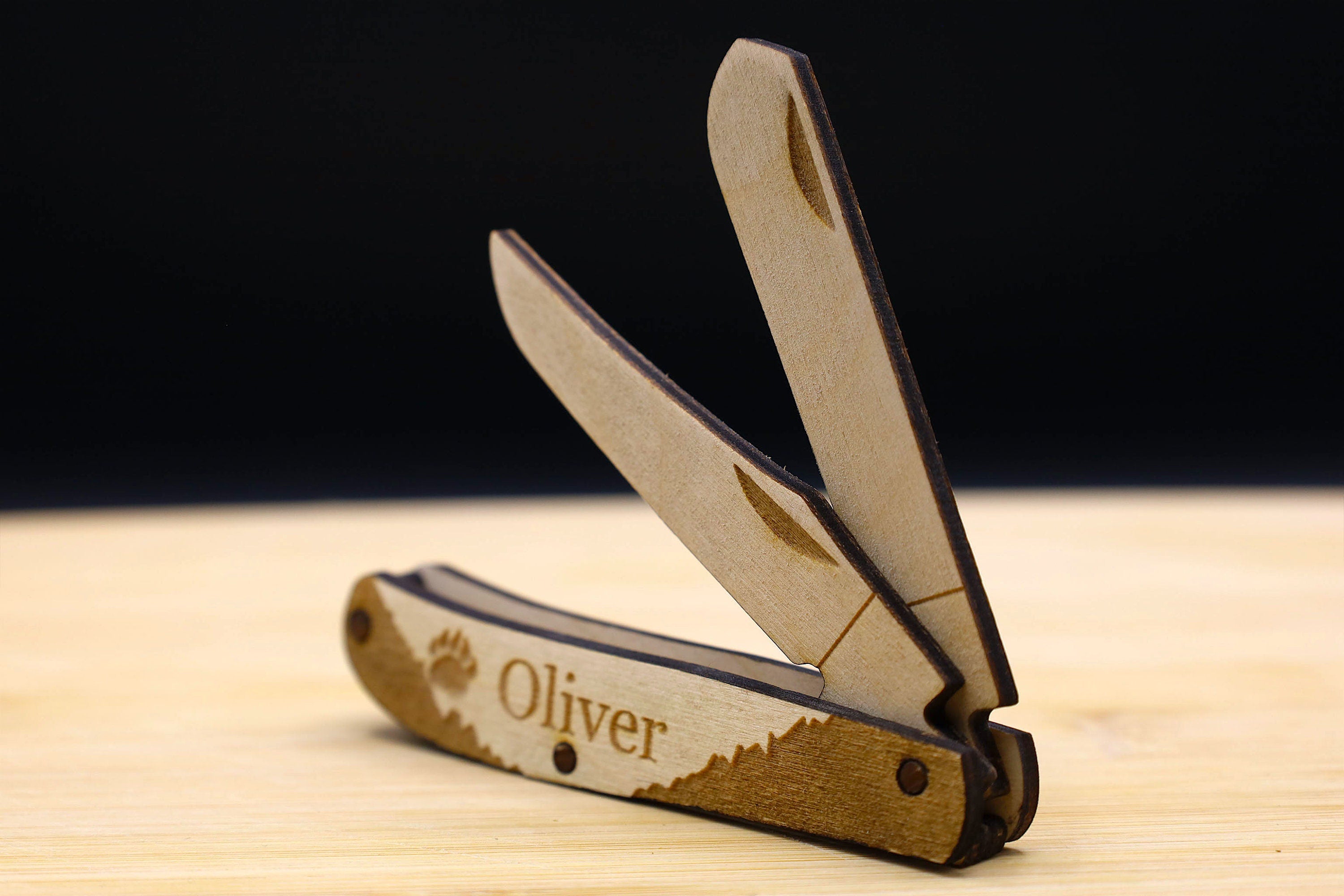 Customizable Two Blade Wooden Pocket Knife SVG | Folding Knife Laser Cut Template | Glowforge & LightBurn File