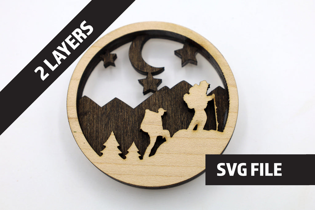 2 Layer Hiker Mountain Magnet Circle DIY craft SVG, DXF, jpg File Instant Download