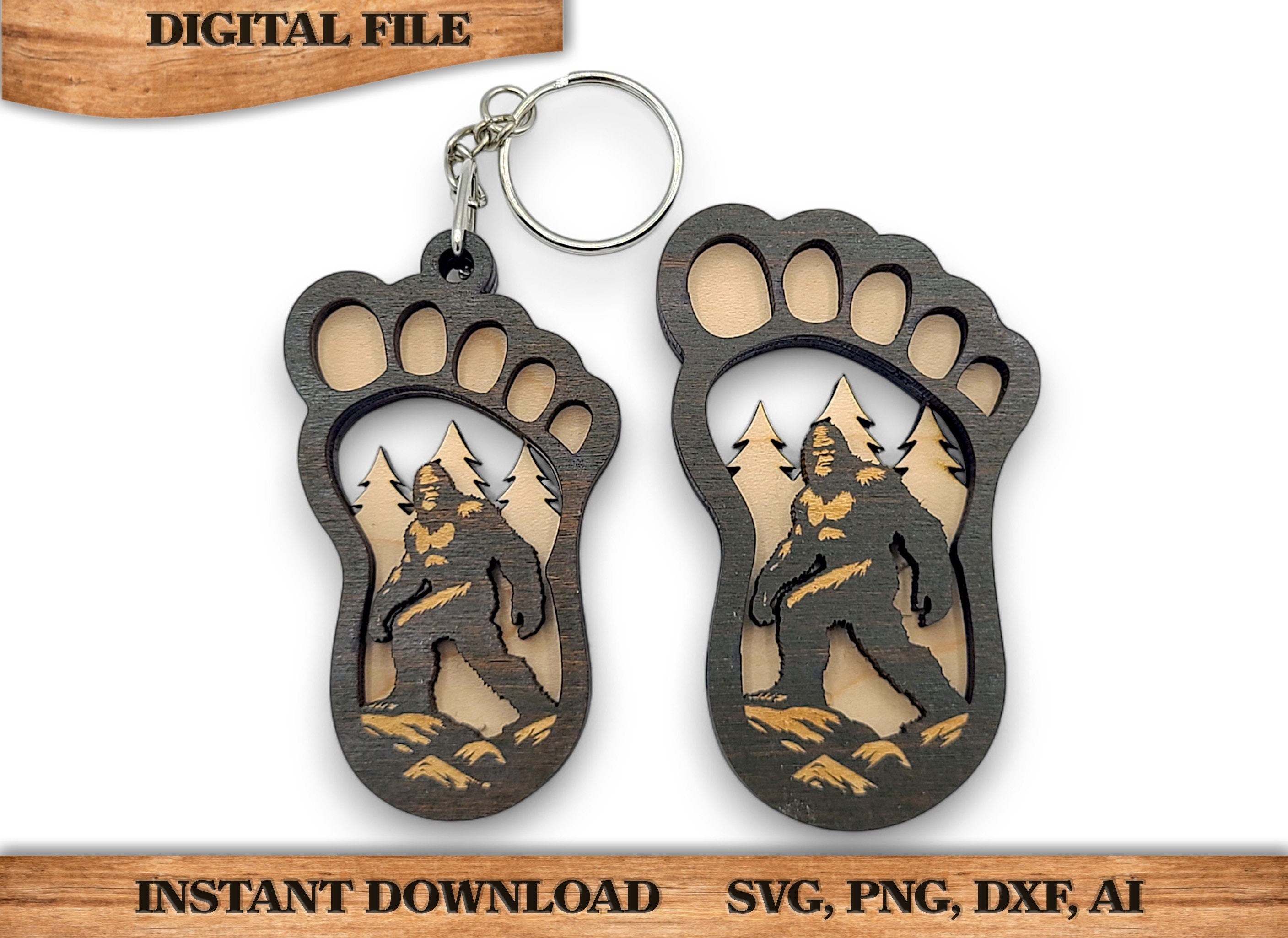 Bigfoot Footprint Keychain SVG | Sasquatch Laser Cut Keychain File | Wooden Keychain SVG | Glowforge & LightBurn Template