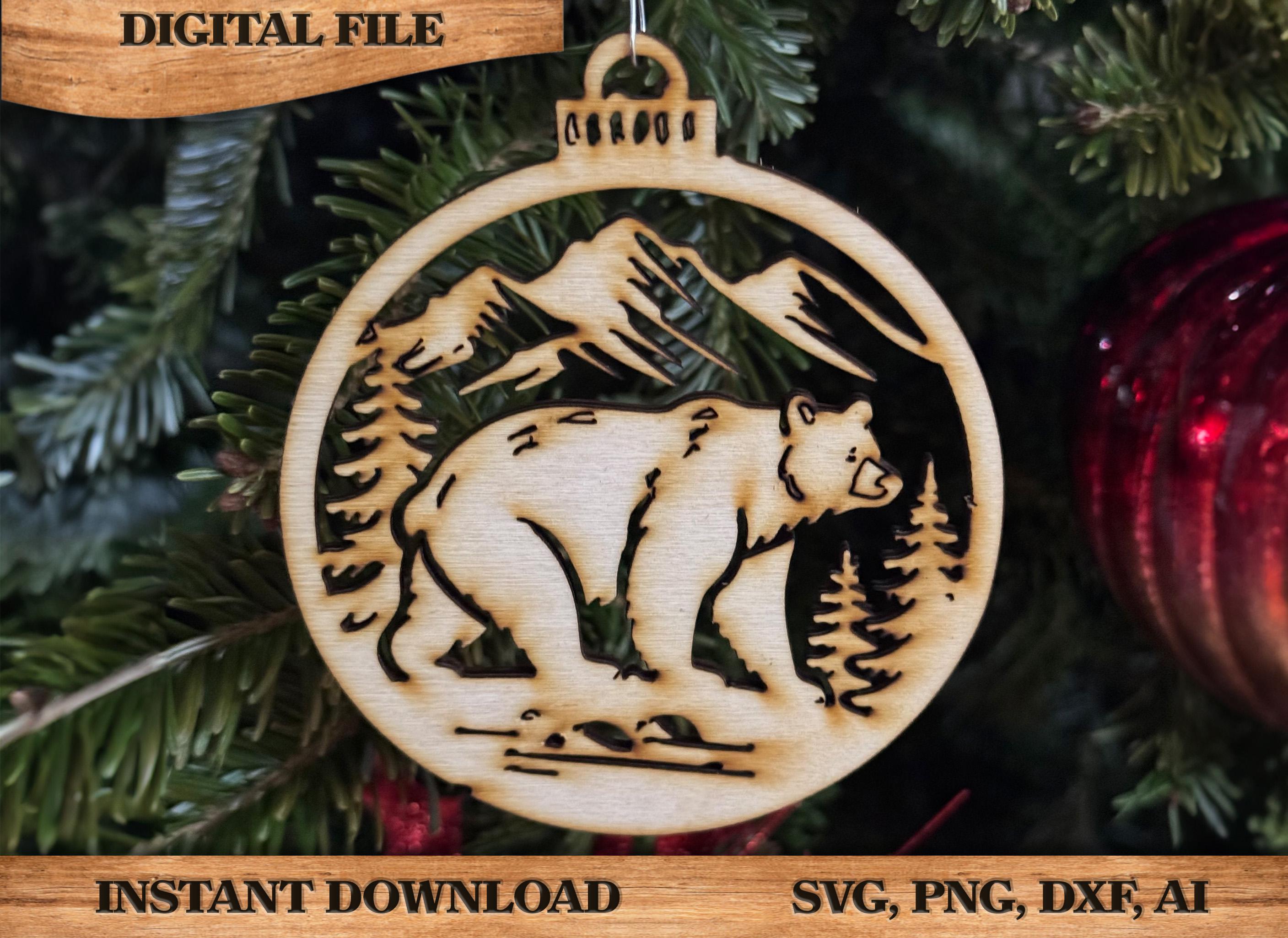 Bear Mountain Ornament Rustic DIY craft SVG, DXF Bear Scene Laser Cut File Instant Download
