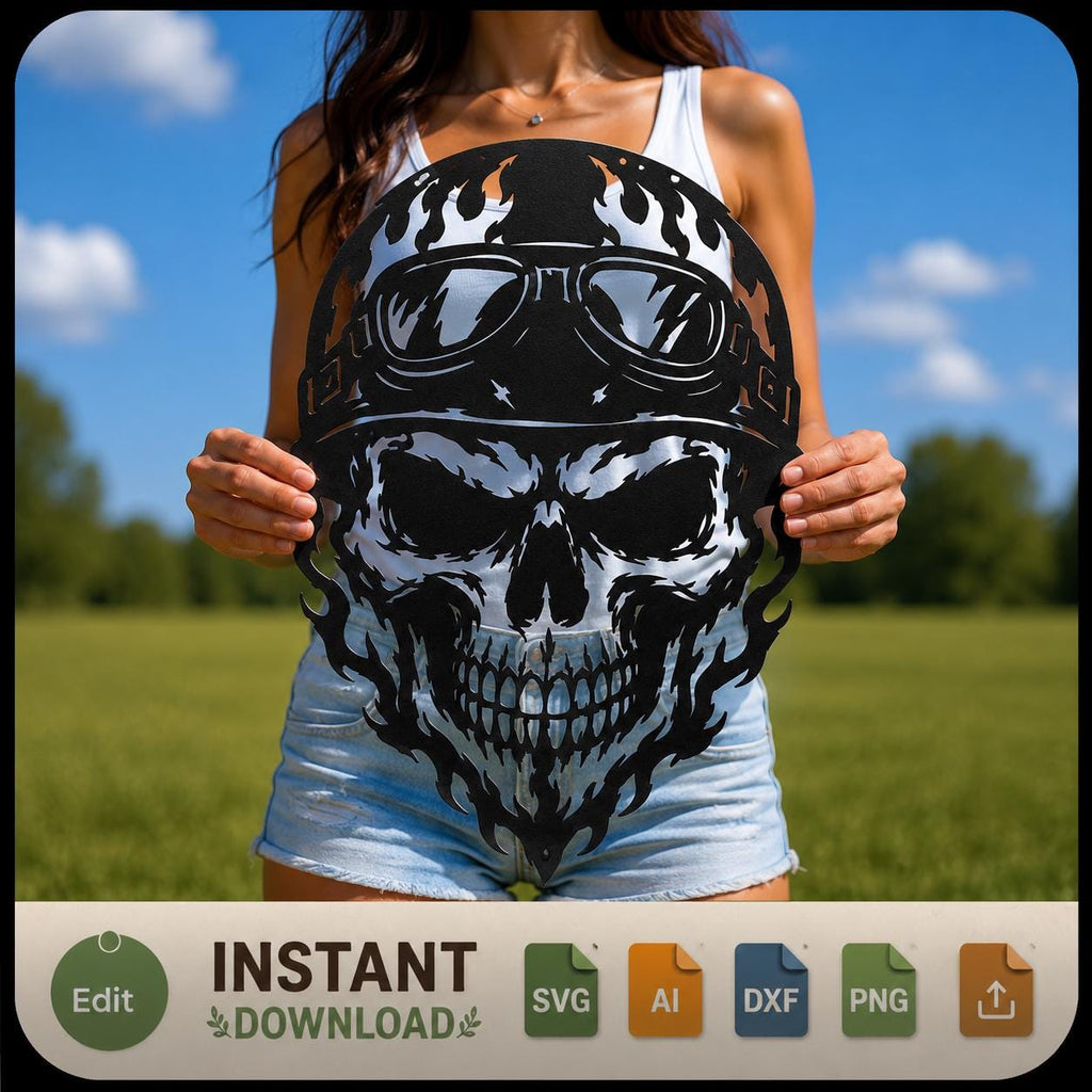 Biker Skull SVG | Motorcycle Skull Laser Cut File | Skull SVG for CNC Plasma, Cricut & Glowforge