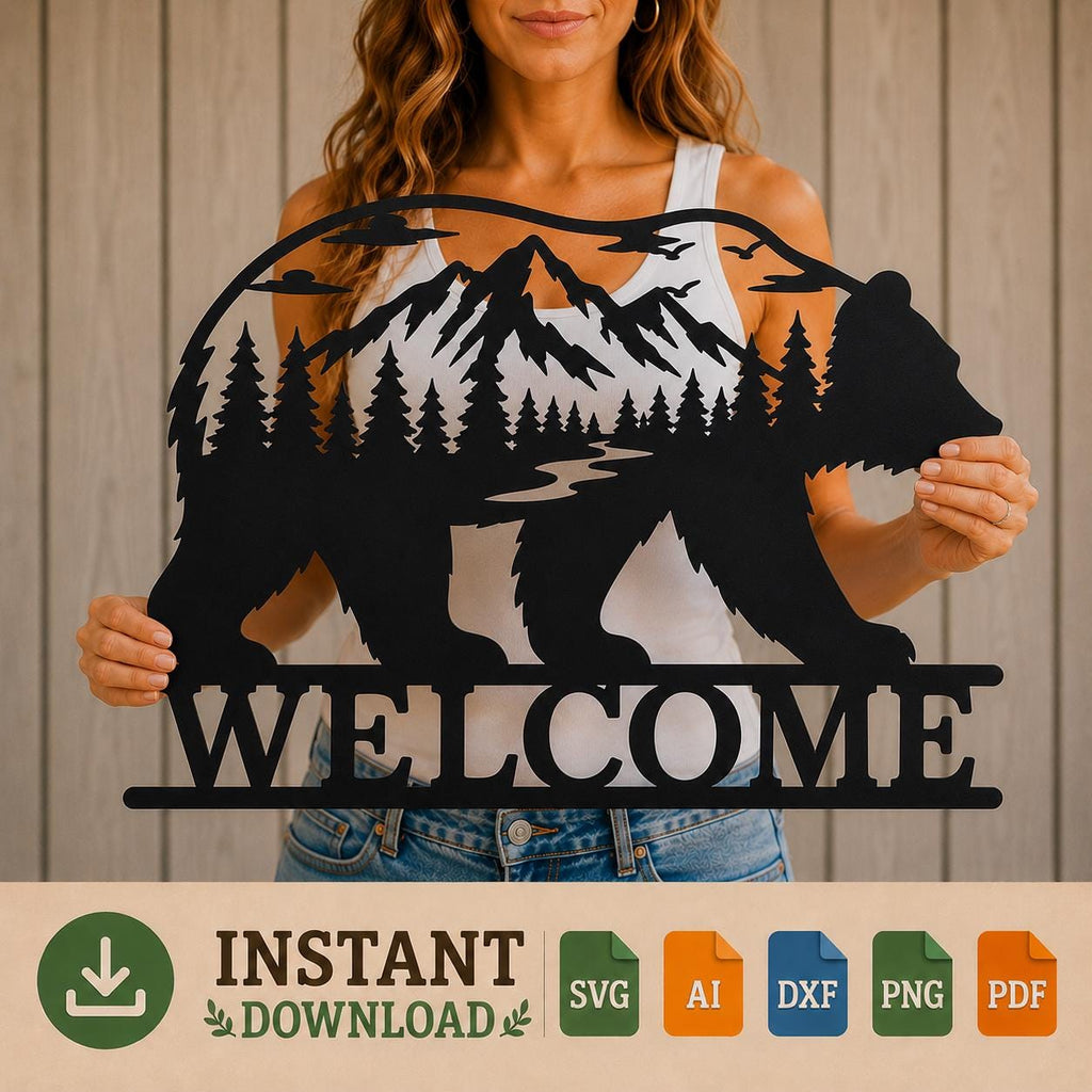 Bear Welcome Sign SVG | Mountain Bear Laser Cut File | Cabin Welcome SVG for CNC Plasma, Cricut & Glowforge