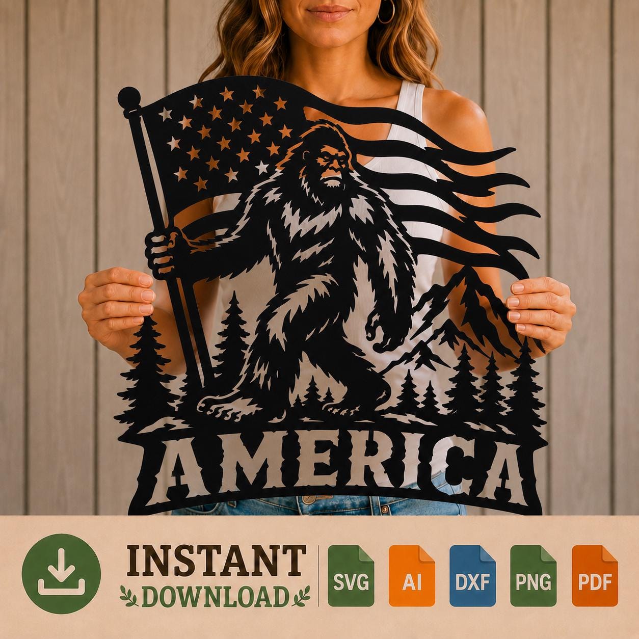 Patriotic Bigfoot SVG | Sasquatch American Flag Laser Cut File | CNC Plasma, Cricut & Glowforge