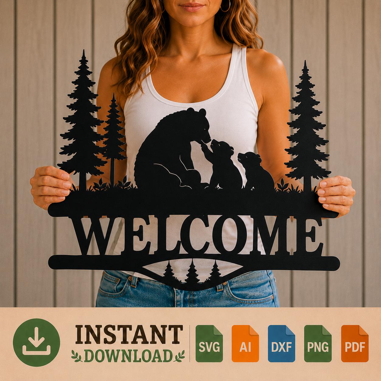 Bear Welcome Sign SVG | Bear Family Welcome Laser Cut File | Cabin Welcome SVG for CNC Plasma, Cricut & Glowforge